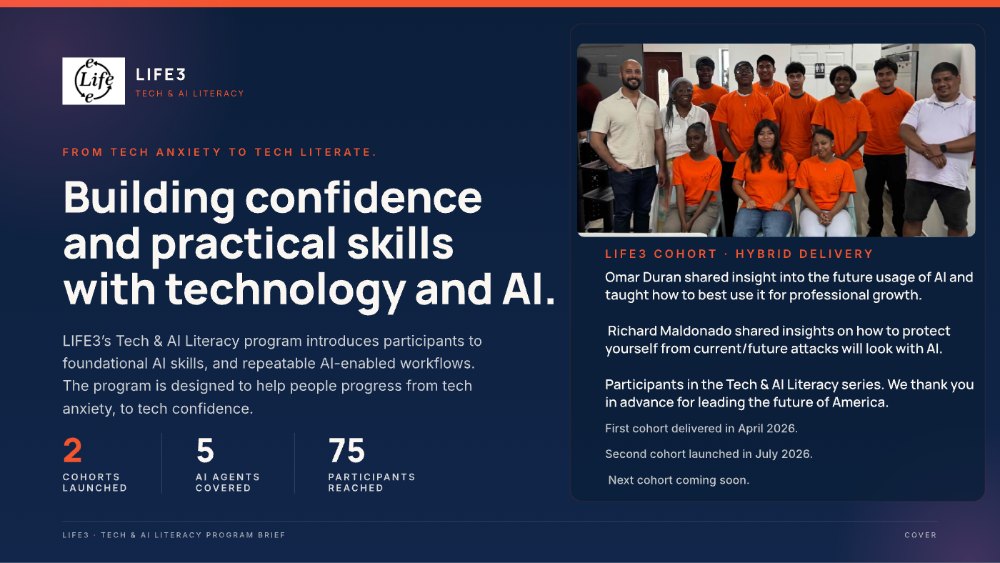 Tech and AI Literacy program brief cover, showing a LIFE3 cohort and program figures