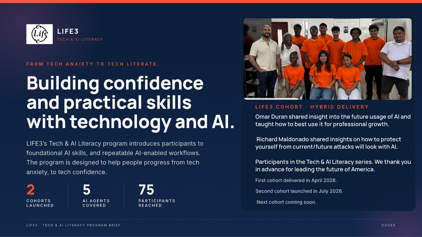 Tech and AI Literacy program brief cover, showing a LIFE3 cohort and program figures