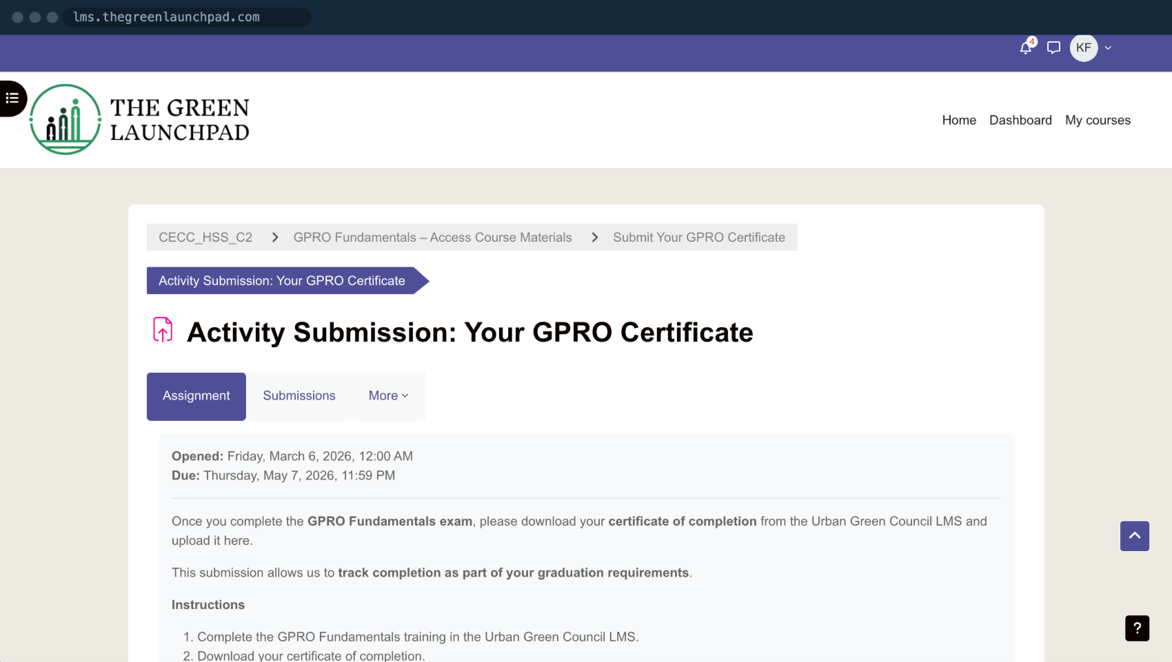 A GPRO certificate activity submission page with instructions, open and due dates, and graduation requirement note
