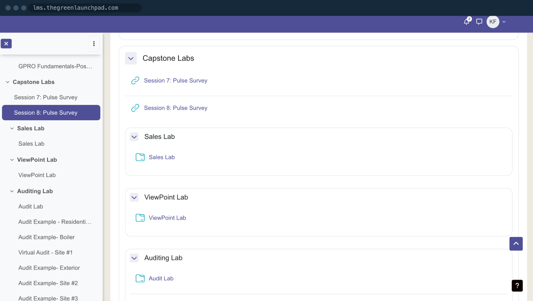 The Green Launchpad course view showing Capstone Labs, Sales Lab, ViewPoint Lab, and Auditing Lab sections