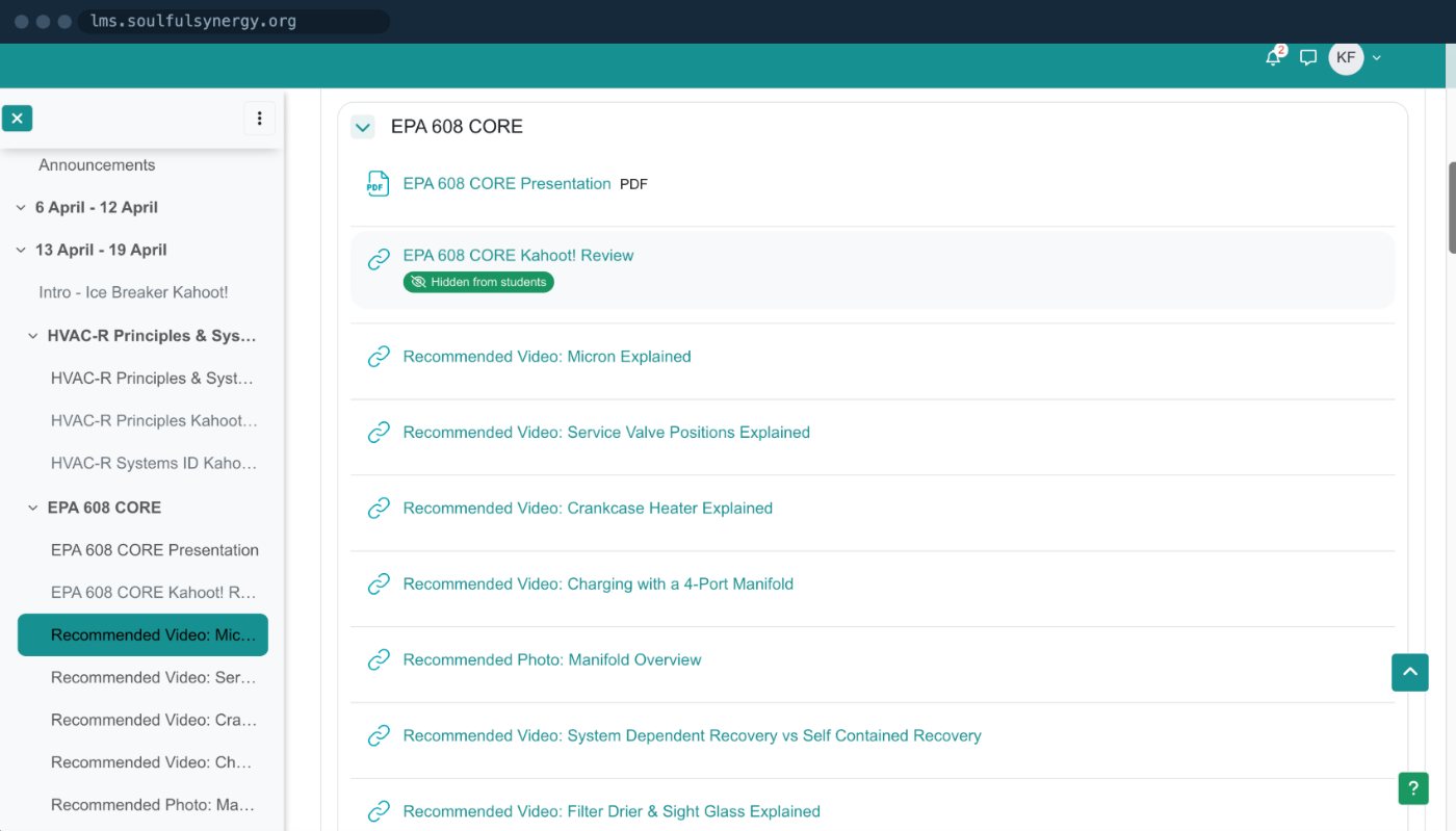 The Soulful Synergy learning platform showing an EPA 608 course section