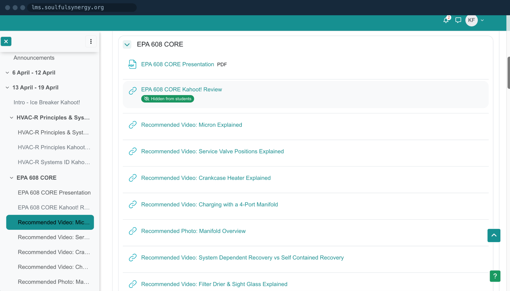 The Soulful Synergy learning platform showing an EPA 608 course section