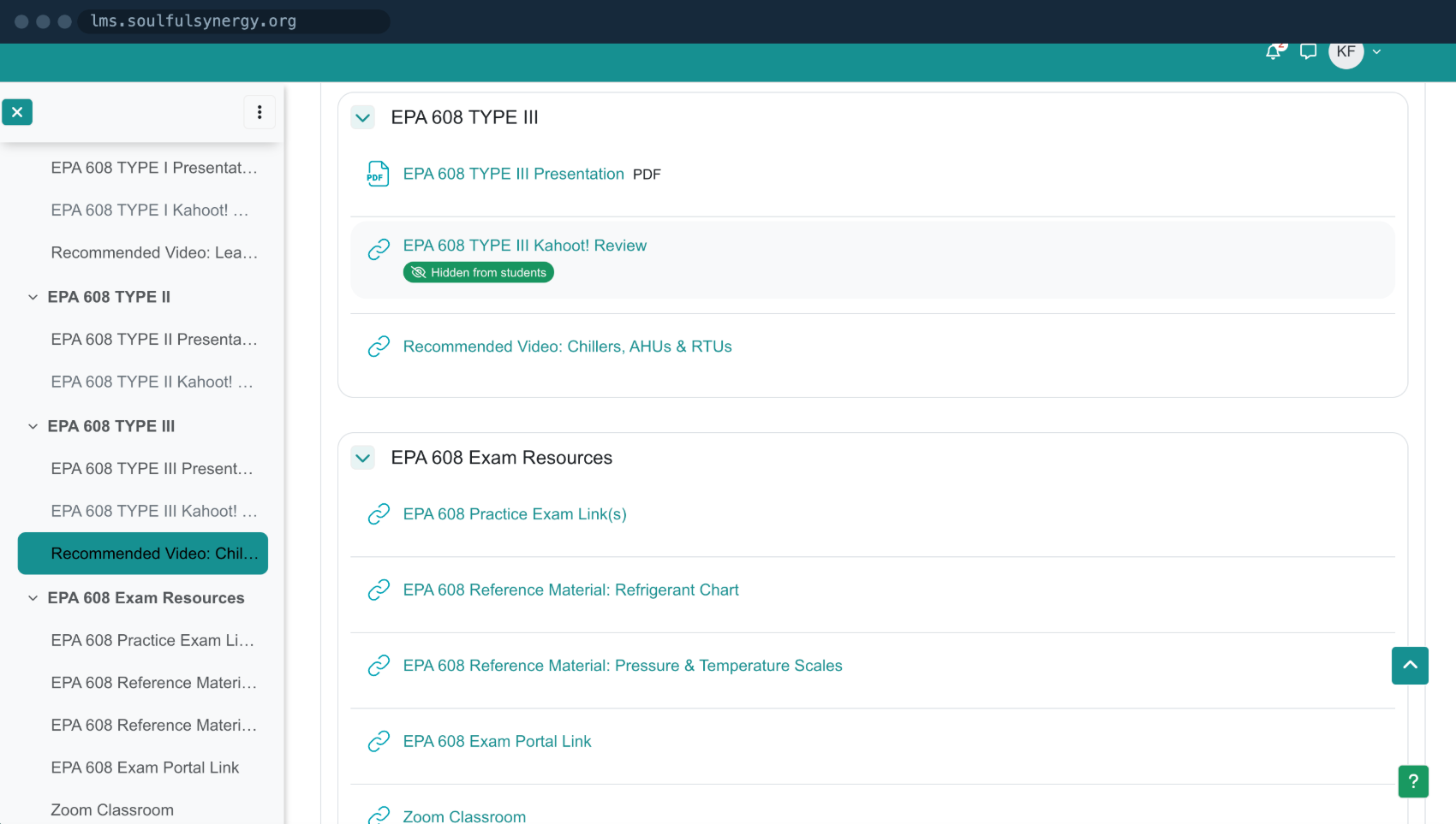 Soulful Synergy LMS exam resources section listing refrigerant charts, pressure and temperature scales, practice exams, and the exam portal