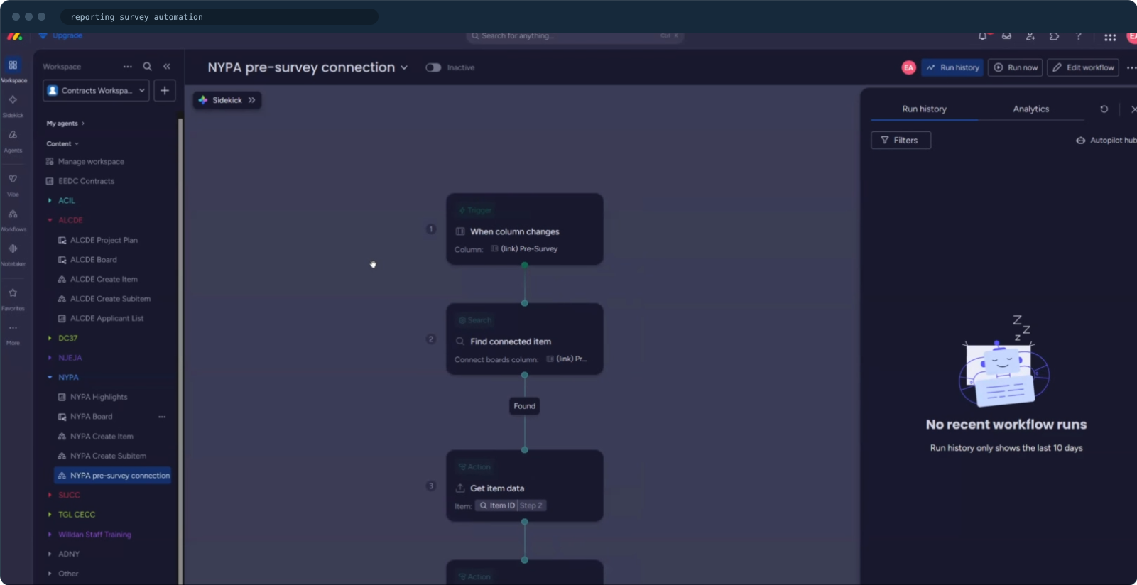 A live automation in the contracts workspace: when a reporting survey arrives it finds the connected participant and writes the data into their record