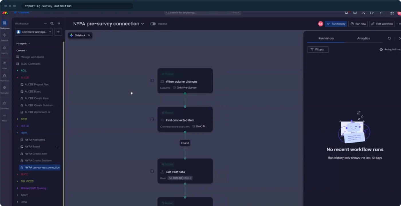 A live automation in the contracts workspace: when a reporting survey arrives it finds the connected participant and writes the data into their record