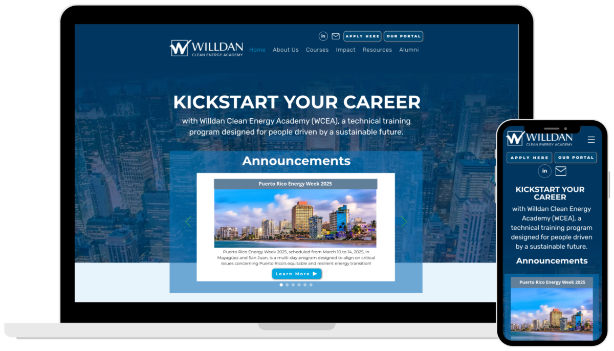 The Willdan Clean Energy Academy website, built by LIFE3, on laptop and phone